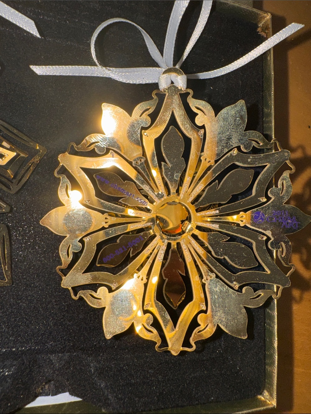 2 gold-finished decorative metal snowflake or floral ornaments made by ChemArt - Picture 14 of 15